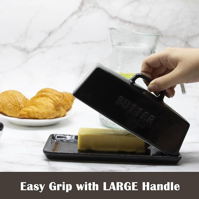 Ceramic Butter Dish With Lid for Countertop, Covered Butter Holder With Lid, Black Butter Container, Butter Tray With Handle