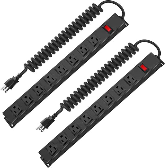 2Pack 8 Outlet Metal Wall Mount Power Strip, Mountable Outlet with Switch, Heavy Duty Wide Spaced Surge Protector, 10 FT SJT 14AWG Black Spring Cord.