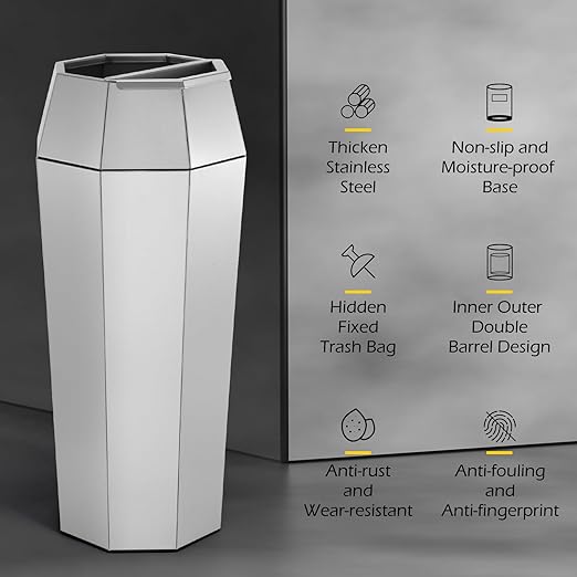Dyna-Living Commercial Heavy-Duty Trash Cans Outdoor Garbage Can with Lid Large Trash Cans with Inside Cabinet for Patio, Silver Stainless Steel Garbage Can Commercial Indoor Trash Bin for Lobby
