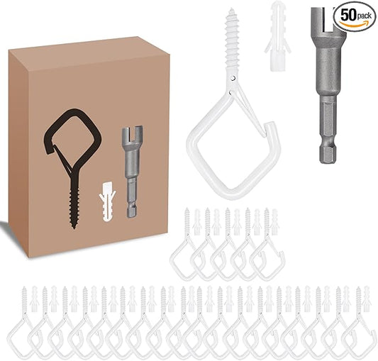 50 PCS White Eye Screw Hooks for Hanging Heavy Duty with Safety Buckle.Metal Ceiling Hooks for Hanging Plants Cup Wind Chime Bird Feeders Patio Lights at Indoor&Outdoor