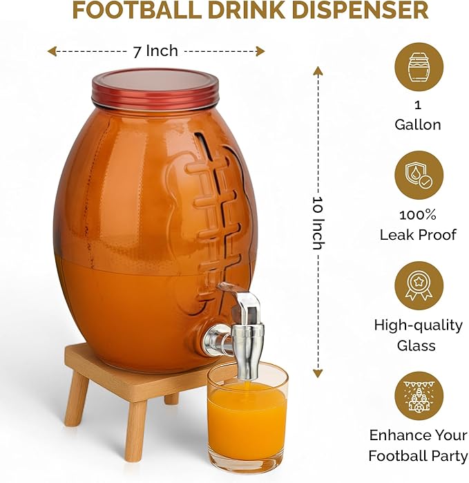 Football Shaped Drink dispenser, Glass Beverage Dispenser For Football Party & decorations, Drink Dispenser With 100% Leakproof Spigot Perfect For Parties And Daily Use 1 GALLON