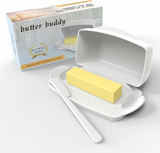 Butter Dishes with Lid for Countertop Refrigerator, Plastic Butter Dish Flip Top Lid Butter Container with Spreader, Non-Slip Bottom Butter Holder Keeper (White)