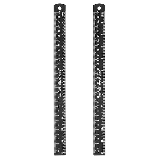 HARFINGTON 2pcs Metal Straight Ruler 30cm Metric SAE Aluminum Alloy Measuring Rulers Scale Tool with Hole for Measure Study Reading Classroom Office, Black