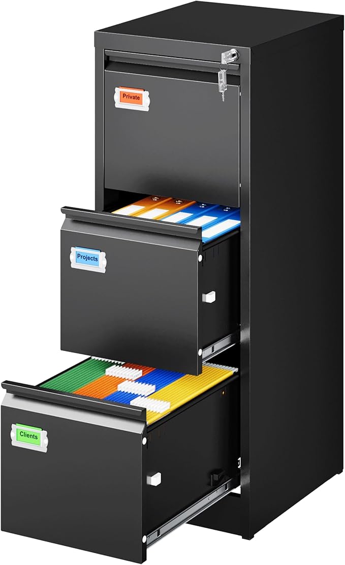 3-Drawer File Cabinet, 16.3" Deep Vertical Filing Cabinet with Lock, Metal File Cabinet for Home Office, Anti-Tip 3 Storage Drawers for Letter/Legal/A4/F4 Size, Assembly Required, Black