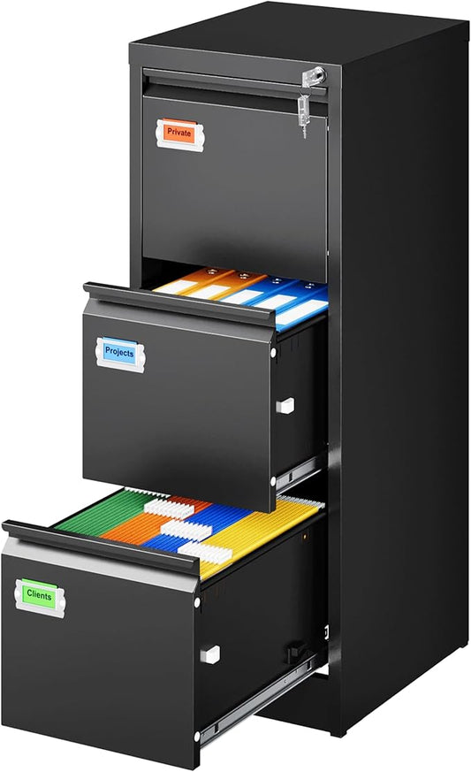 3-Drawer File Cabinet, 16.3" Deep Vertical Filing Cabinet with Lock, Metal File Cabinet for Home Office, Anti-Tip 3 Storage Drawers for Letter/Legal/A4/F4 Size, Assembly Required, Black