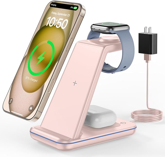3 in 1 Wireless Charging, Wireless Charger Stand for Multiple Apple Devices, Wireless Charger for iPhone 17 16 15 14 13 12 11 Pro Max XS XR 8, Apple Watch 11 9 8 7 6 SE 5 4 3 2, AirPods 3/2/Pro