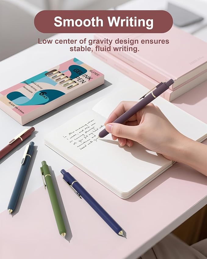 SUNEE Gel Pens, 6 Pack 0.5mm Pens Fine Point Smooth Writing Pens with Quick-Dry Black Ink, Cute Aesthetic School Office Note-Taking Pens for Journaling - Vintage