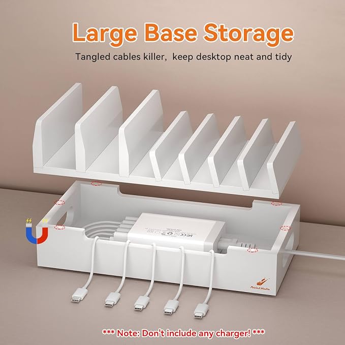 Pezin & Hulin Bamboo Charging Station with Watch Stand, Docking Holder for Multi Device with 5 Charge Cables, Desktop Dock Stations Electronic Organizer for Cellphone, Tablet, Watch-White