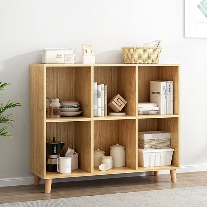 IOTXY Freestanding Open Cubes Bookcase - 2-Tier Floor Standing Wooden Storage Display Cabinet Organizer with Legs for Home Office, 6-Cubes Open Shelf Low Short Bookshelf, Oak