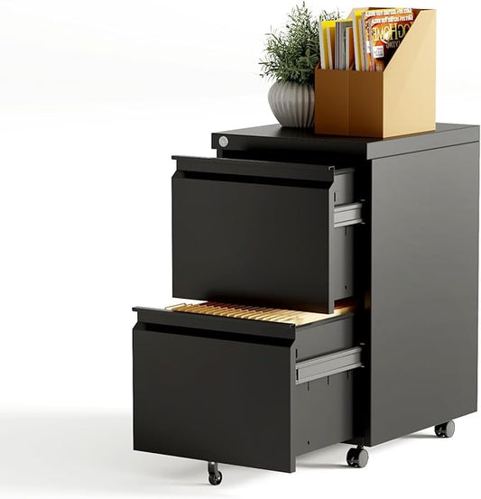2-Drawer Rolling Metal File Cabinet with Lock – Under Desk Mobile Storage – Fits Legal/Letter/A4 Documents – Home Office Use – Black