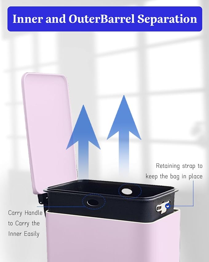 JM.YIPENG 17L Rubbish Bin, Pedal Bin with Lid and Foot Pedal with Inner Bucket, Rectangular Pedal Bin for Living Room, Office, Pink