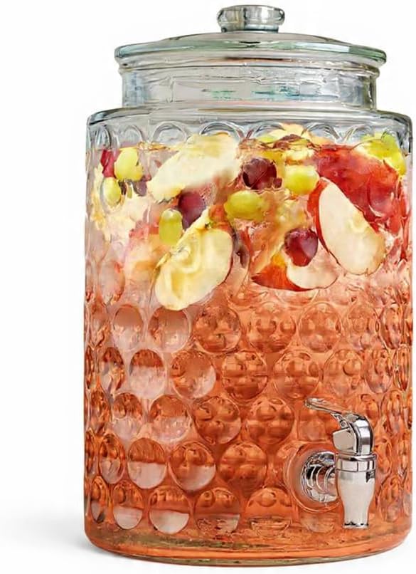 2 Gallon Beverage Serveware with Glass Lid - Elegant Bubble Pattern Design 100% Leakproof Glass Drink Dispenser for Parties with Spout,Beverage Dispenser for Water Juice Laundry