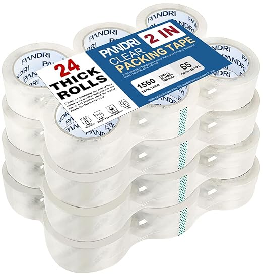 PANDRI Packing Tape, 24 Rolls Heavy Duty Clear Packaging Tape for Shipping Packaging Moving Sealing, 2 inches Wide, 65 Yards Per Roll, Total 1560 Yards