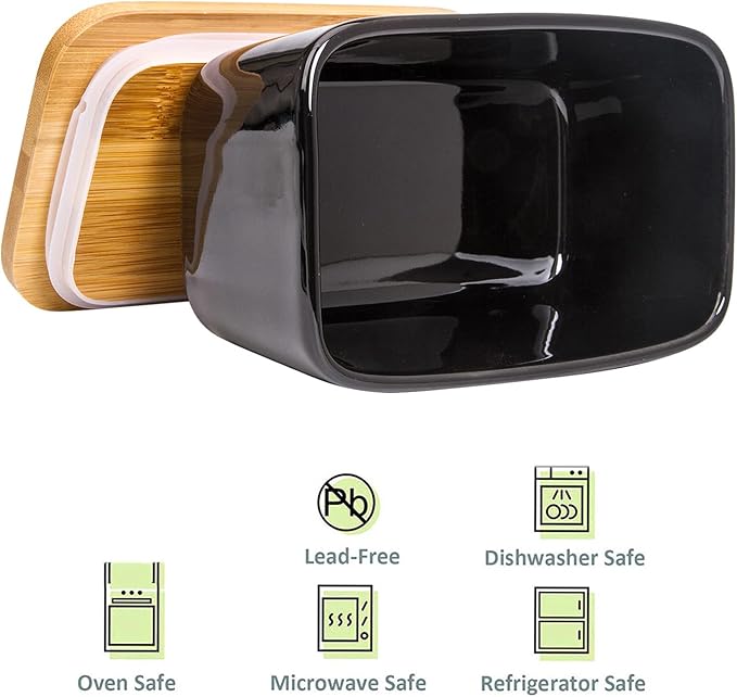 Butter Dish with Lid,Extra Large 650ml,Porcelain Keeper with Bamboo Lid Cover for 2 Sticks of Butter,Microwave Safe Easy Clean Butter Storage Container for Countertop Refrigerator (Black)