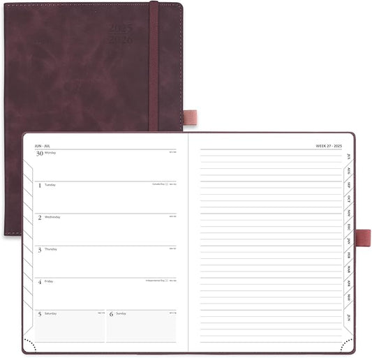POPRUN Planner 2025-2026 Weekly Notebook (Medium 6.5''x 8.5'') Academic Calendar (JUL.25 - JUN.26) Appointment Book with Monthly Tabs, Leather Soft Cover, Inner Pocket, 100 GSM - Claret