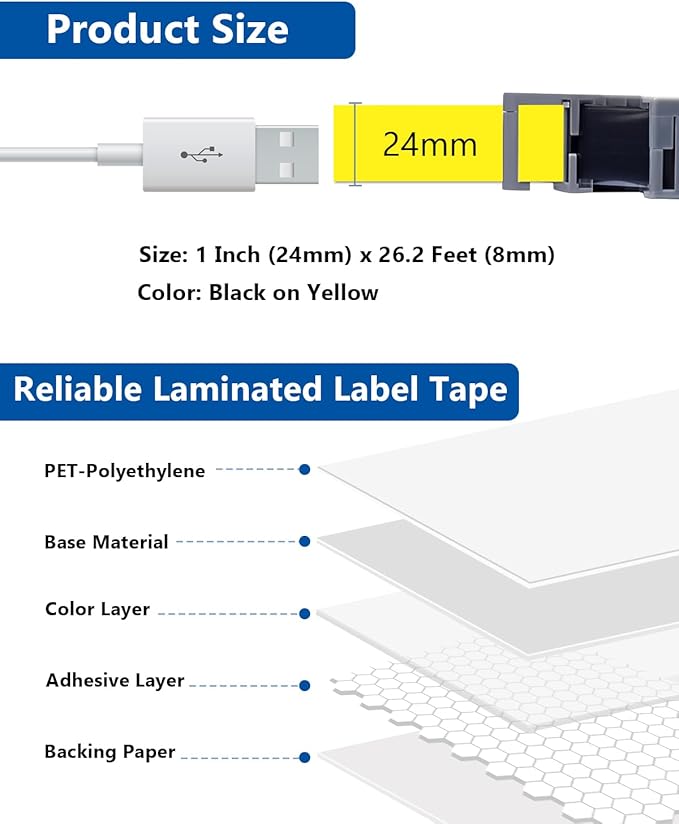 24mm 0.94 Laminated Black on Yellow Compatible with P Touch Label Tape TZ TZe-651 TZe651 Refills for Ptouch PT-D600 PT-D600VP PT-D610BT Label Maker, 1 in x 26.2 Ft, 3-Pack