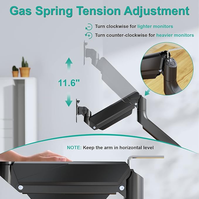 WALI Ultrawide Monitor Arm for 13 to 49 Inch Heavy Duty Curved Screens, Holds 33 Lbs, Adjustable Gas Spring Single Monitor Desk Mount with C-Clamp, Grommet Base, 75x75/100x100 VESA, (GSM001XL), Black