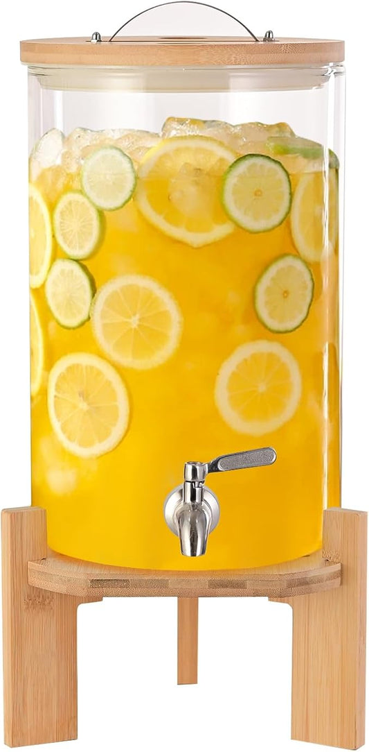 Glass Drink Dispenser, 2 gallons, With faucet wood stand Easy flow control, great for parties, bars & restaurants Large Glass Cold Beverage Dispensers.(2 gallon)