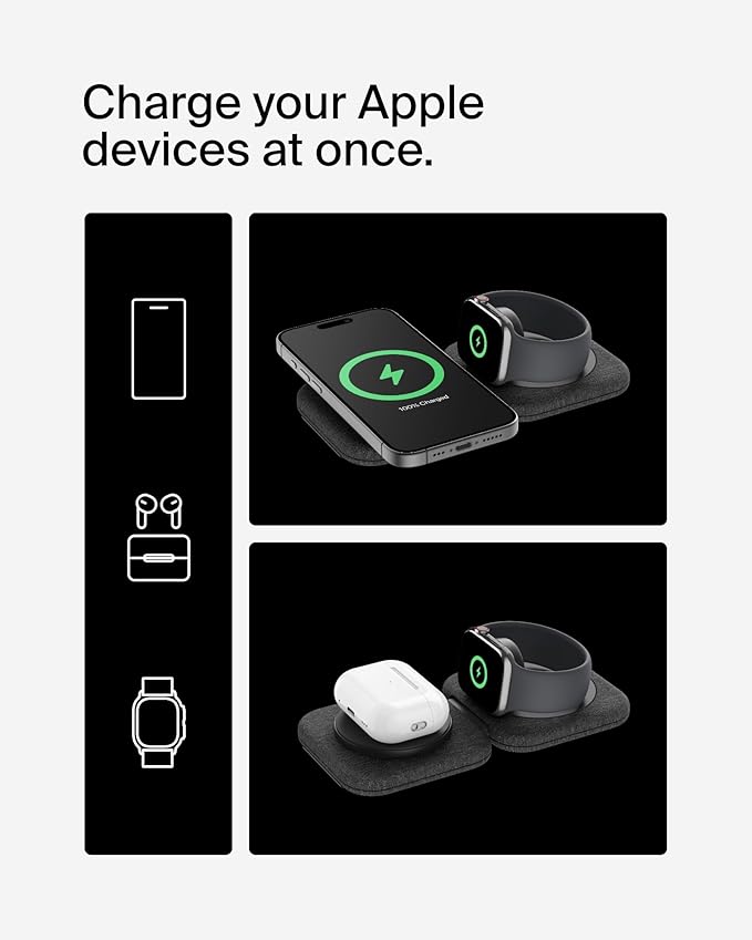 Belkin 2-in-1 Magnetic Charging Travel Pad 15W - MagSafe-Compatible Foldable Qi2-Certified Wireless Charging Station, iPhone Charger for iPhone 16 Series, Apple Watch 9, AirPods, and More - Black