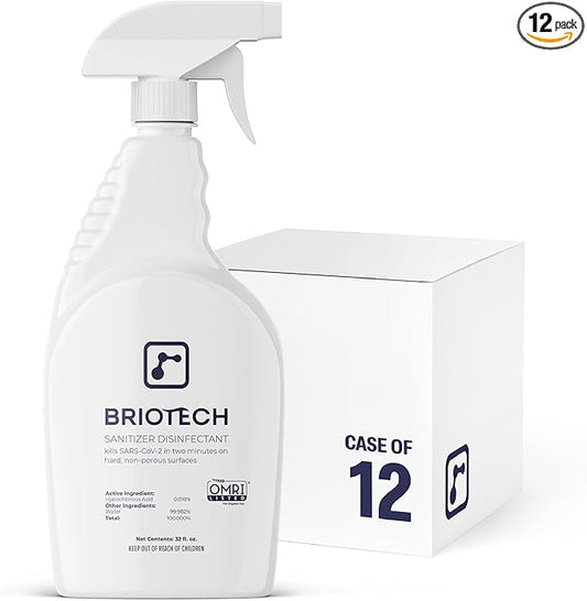 BRIOTECH Sanitizer Disinfectant Hypochlorous Spray, Kill 99.99% of Viruses & Bacteria, Control Mold, Eliminate Odor, Gentle for Nursery & Play Rooms, Food Contact Surface Sanitizer, 32 fl oz (12 Pack)