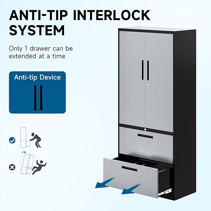 2-Drawer Metal File Cabinet,Lateral Filing Cabinets for Home Office,Locking File Cabinet with Storage Shelves,Legal/Letter/A4 Size Office File Cabinets(Black Grey, Assemble Required)