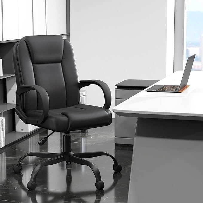 ZZH Executive Office Chair, Leather Desk Computer Chair with Armrests, Mid-Back Swivel Adjustable for Home Office, 4PC, Black