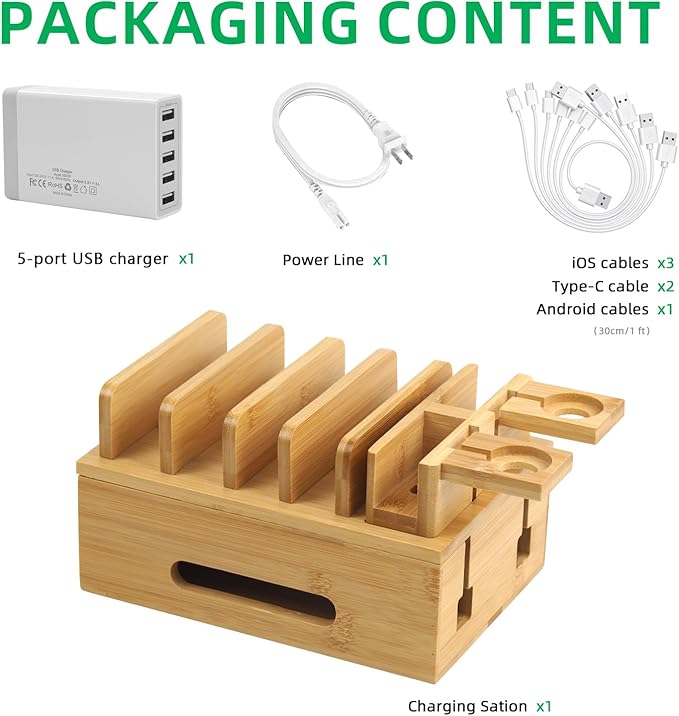 Bamboo Charging Stations for Multi Devices with 5 Port USB Charger, 6 Cables, Desktop Wood Docking Station Charger Organizer for Cell Phones, Tablets,Earphone, Watches