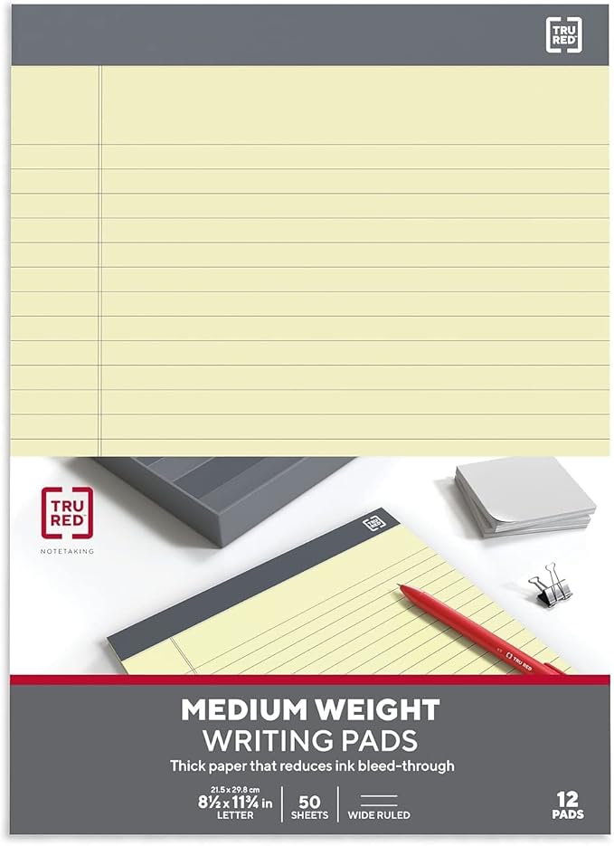 TRU RED Staples Notepads, 8.5" x 11.75", Wide Ruled, Canary, 50 Sheets/Pad, 12 Pads/Pack (TR57366)