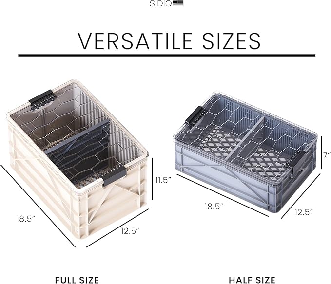 SIDIO CRATE Starter Pack - Two Full Size and One Half Size Heavy Duty Stackable Storage Bins with Lids & Dividers - Durable Organizer for Home, Office, Garage, and Outdoor Use - Stealth Variety Pack