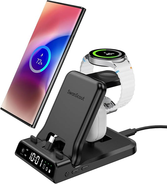 25W USB C Fast Charging Station for Samsung, SwanScout 701S, Foldable 3 in 1 Charging Dock Stand for Galaxy S25/S24/Z Flip 7/Fold 7/A56/A36/USB C Buds, Charger for Samsung Galaxy Watch Ultra/8/7/6/5
