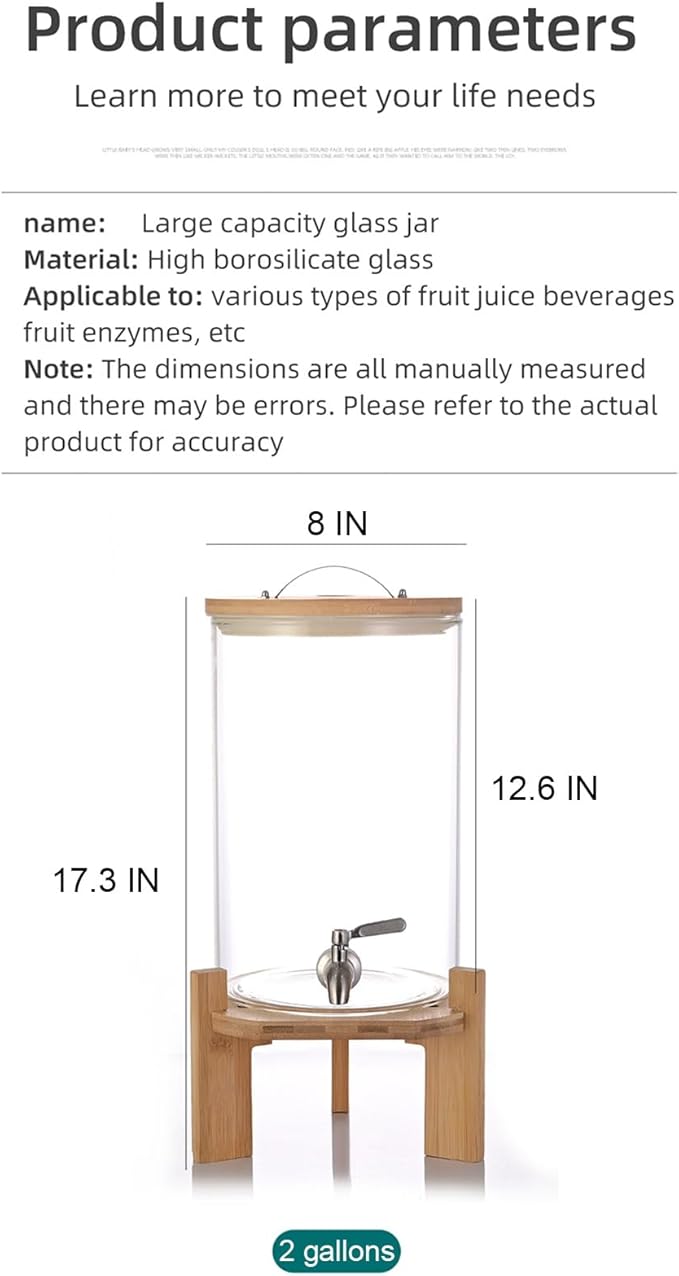 Glass Drink Dispenser, 2 gallons, With faucet wood stand Easy flow control, great for parties, bars & restaurants Large Glass Cold Beverage Dispensers.(2 gallon)