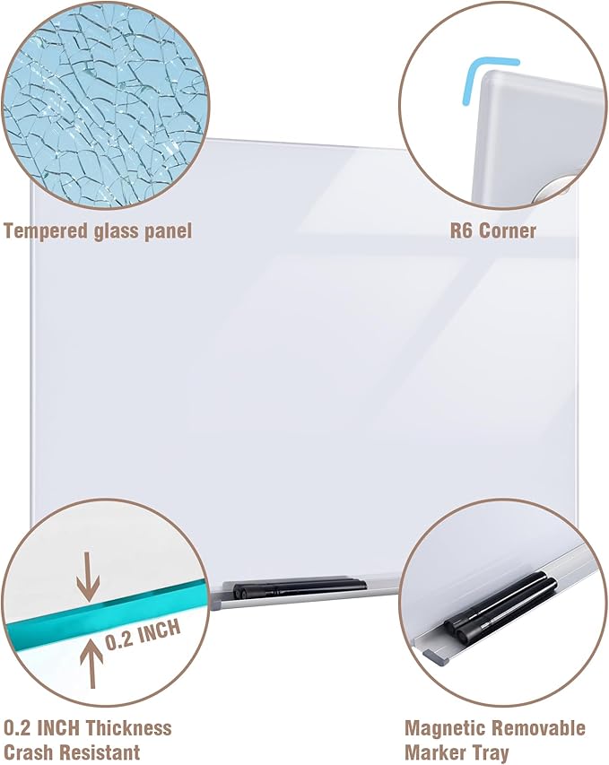 Magnetic Glass Whiteboard，48"x36" Wall Mounted Frameless Dry Erase Board for Office, Home & School Ultra White