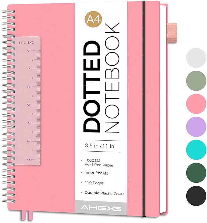 AHGXG Bullet Dotted Journal - Dot Grid Spiral Notebook 8.5" x 11", A4 Large Dotted Notebook, 100 GSM Thick Paper, Waterproof Plastic Cover Journals for Bullet Journaling, Sketching, Pink