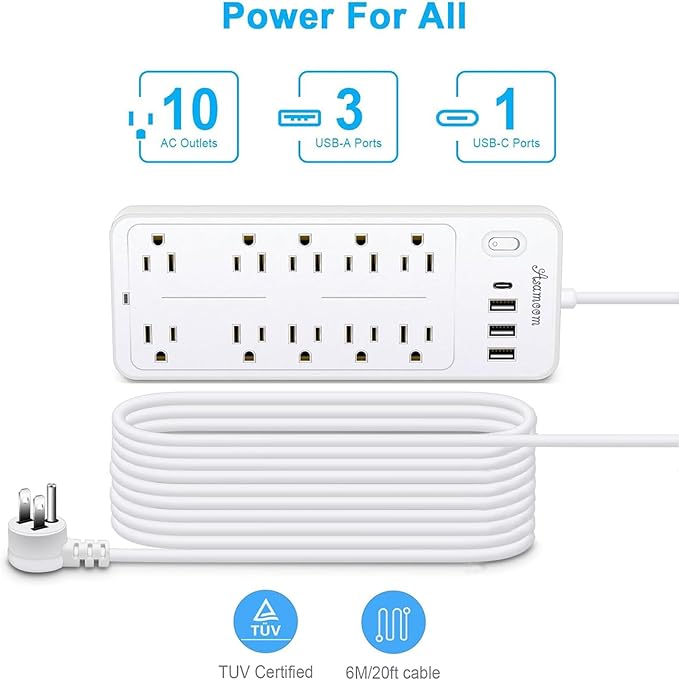 20FT Power Strips with Surge Protection 1625W/13A, 10 Outlets with 4 USB Ports (1 USB C) Long Extension Cord with Multiple Outlets 14-in-1 1700J 16Awg Flat Plug Power Strip Protector White ETL Listed