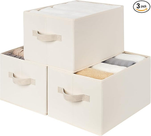 StorageWorks Storage Baskets for Shelves, Foldable Fabric Closet Storage Bins with Handles, Fabric Storage Bins Clothes Organizer, Beige, 3-Pack, Large