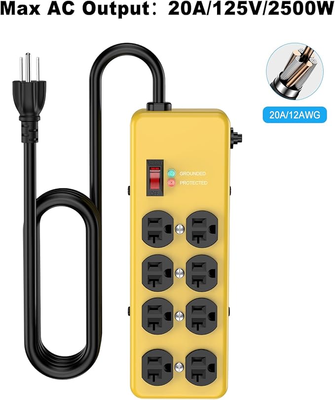 HEZI 20A Power Strip Surge Protector Durable Metal 8-Outlet with Heavy Duty 20 Amp Extension Cord, 12 Gauge for Garage,Workshop & Industrial Use with 6-20R T-Slot Outlets,4800J(Yellow,10FT)