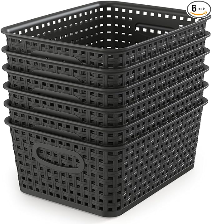 WYT Woven Storage Organizer Basket, 6-Pack Black Plastic Weave Baskets, 10.1 x 7.55 x 4.1