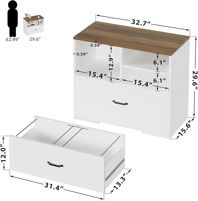 LVB Lateral File Cabinets for Home Office, Wood Filing Cabinet Drawers for Letter/Legal/A4/F4 Size, Farmhouse Storage File Cabinet Printer Stand with Open Shelf, 32.7 Inch, White and Rustic Oak