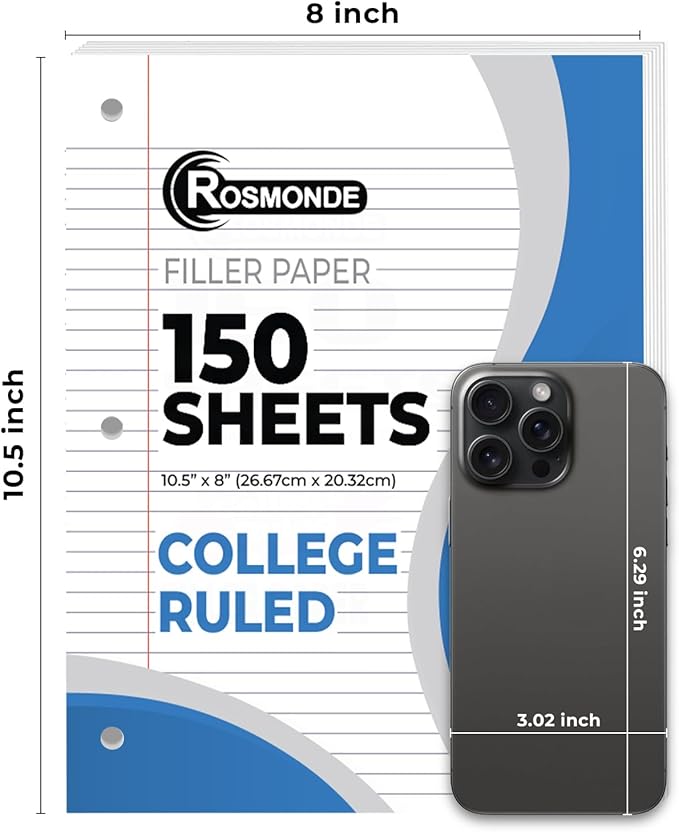 Loose Leaf Paper Bulk, 7200 Sheets, 48 Pack, College Ruled Sheets, 8 x 10.5", 150 Sheets/Pack, 3 Hole Punch, Bulk Notebook Paper, Filler Sheets, Fits Standard Binders, Fights Ink Bleed, White