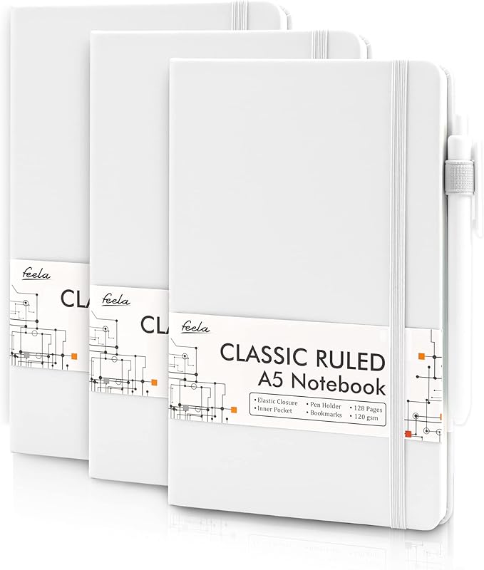 feela 3 Pack Notebooks Journals Bulk, Hardcover Notebook Classic Ruled Lined Journals with Pen Holder for Women Girls School Business Supplies, with 3 Black Pens, 120 GSM, 5.1”x8.3”, A5, White