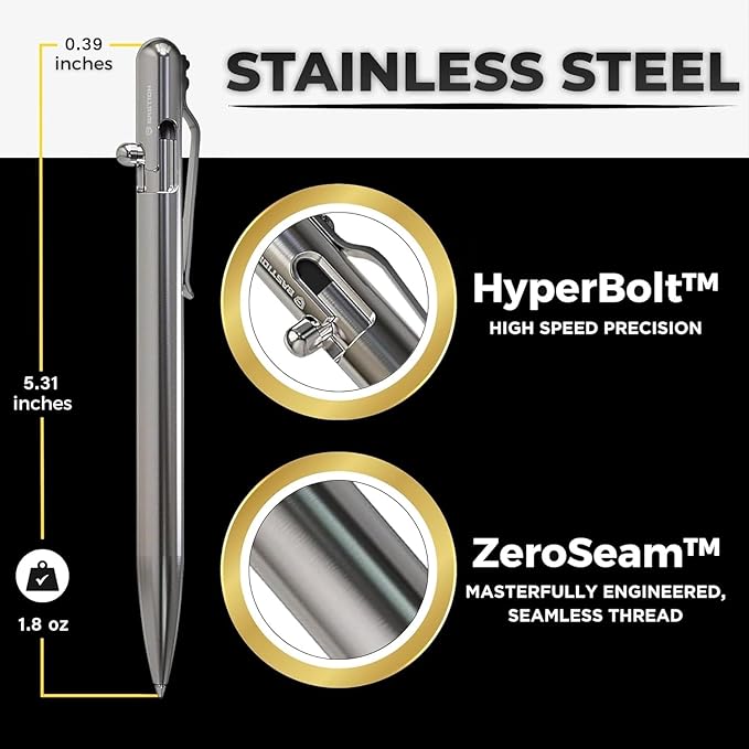 BASTION® Luxury Slim Bolt Action Pen, Durable EDC Pen with Fine Tip, Professional Ballpoint Pen for School and Work - Stainless
