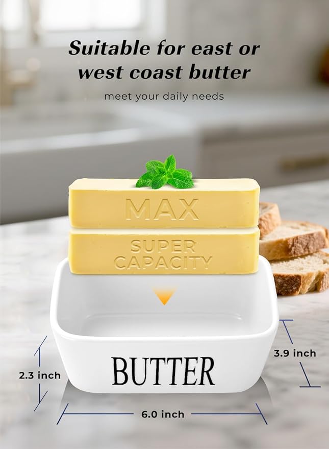 Butter Dish with Lid, Large Butter Container for Countertop, Ceramic Butter Holder for Counter, Butter Tray Butter Keeper with Knife and Sponge Scrubber, Perfect for 2 Sticks of Butter, White