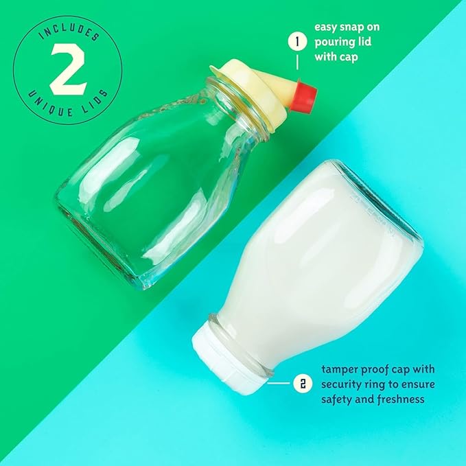 kitchentoolz 16 Oz Glass Milk Jug with Caps - Perfect Milk Container for Refrigerator Storage - 16 Ounce Short and Wide Glass Milk Bottle with Tamper Proof Lid and Pour Spout (3, 16 oz)