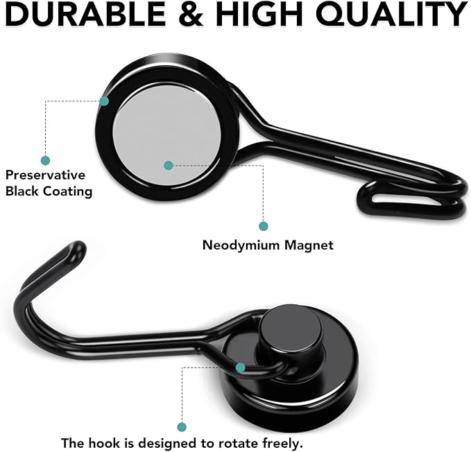 MIKEDE Magnetic Hooks 4 Pack, 40Lbs Heavy Duty Neodymium Magnet Hooks Black Magnetic Swivel Hooks for Hanging, Rust Proof Strong Magnets with Hook Magnetic Metal Hanger for Storage