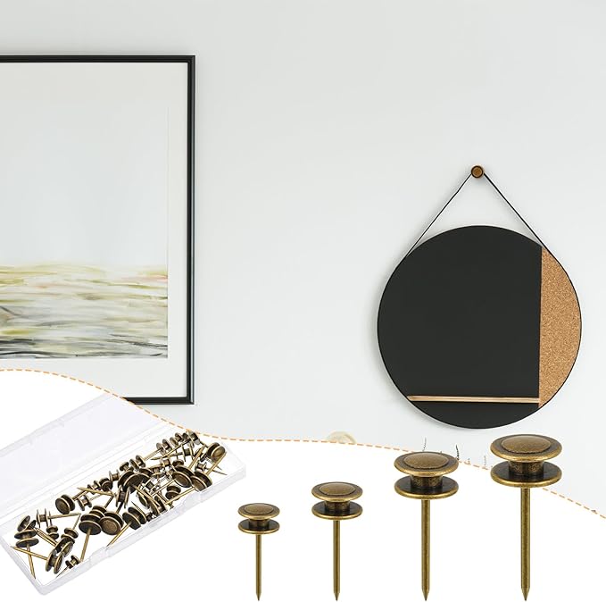 Ferraycle 40 Piece Double Headed Picture Hangers Nails 4 Size Long Thumb Tacks for Wall Hanging Decorative Nails Push Pins Picture Hooks for Drywall Photo Decor, 10/20/ 30/ 50lb(Bronze)