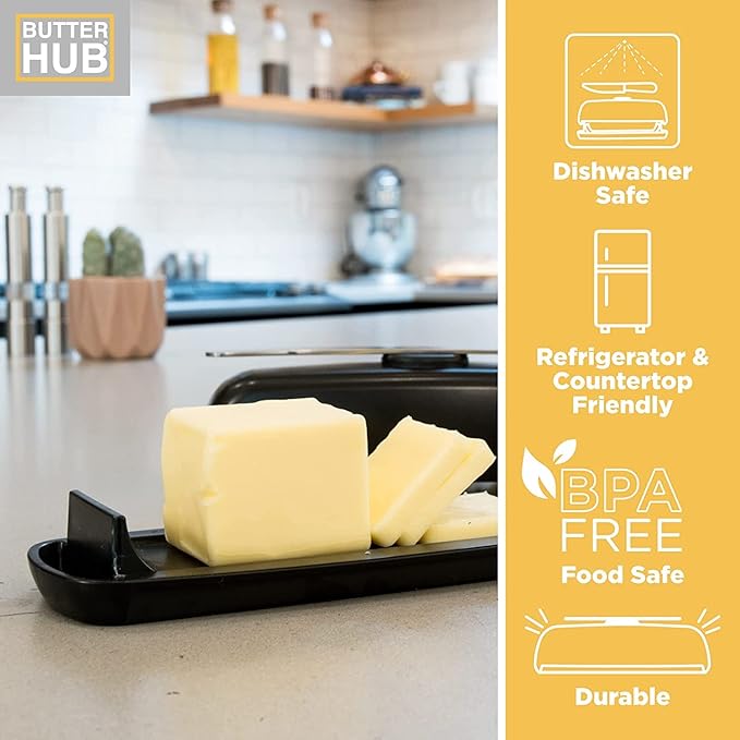 Butter Hub Extra Large Butter Dish with Lid and Knife, European Size Magnetic Butter Keeper, Easy Scoop, No Mess Lid, Plastic, Dishwasher Safe (Black)