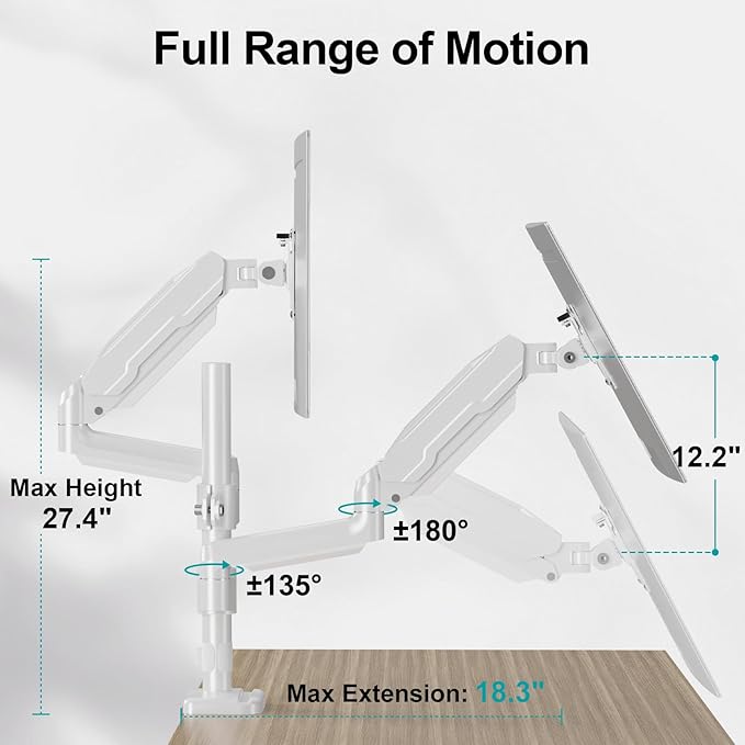 MOUNT PRO Dual Monitor Mount for 13-32" Computer Screen, Tall Monitor Stands for 2 Monitors, Adjustable Gas Spring Double Vertical Monitor Desk Mount, Each Arm Holds 4.4 to19.8lbs, VESA Mount, White