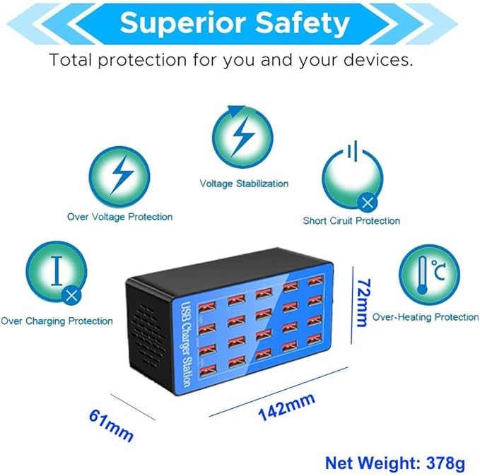 100W 20-Port Multi-Device USB Charging Station - Supports simultaneous Charging for Smartphones, Tablets, smartwatches and Other USB-Powered Devices.(20 Port Charger Station-Blue)