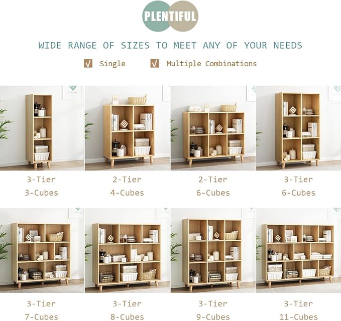 IOTXY Open Cube Low Bookcase - 3-Tier Freestanding Storage Display Cabinet Organizer with Legs for Home Office, 9-Cubes Open Shelf Short Bookshelf, Oak