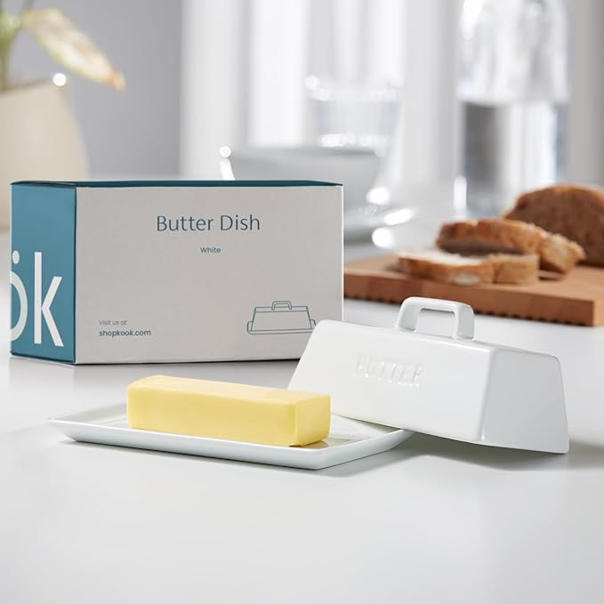 Butter Dish with Lid, by Kook, Butter Dish with Lid for Countertop, Ceramic, Butter Tray, Kitchen Butter Keeper, Butter Container, Butter Holder, Holds 1 Stick, Microwave and Dishwasher Safe, White